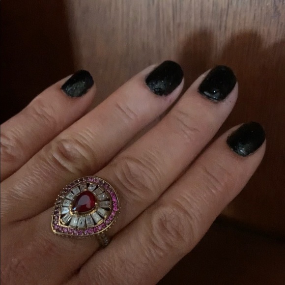 Teardrop Ruby Topaz & Crystal Baguettes Oval Cocktail Accent Ring Size 8 - Picture 5 of 11